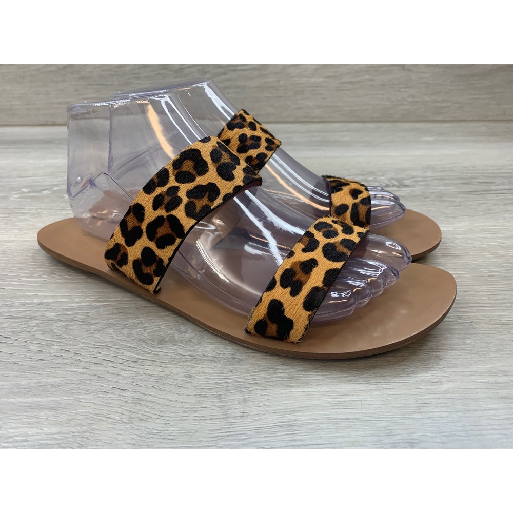 J. Crew Leopard Print Calf Hair Slide Sandals Brown Black Flat Shoes Women's 8